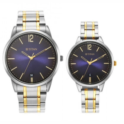 Titan Bandhan 18062617BM01 Analog with Date Blue Dial Stainless Steel Strap Quartz Couple Watch